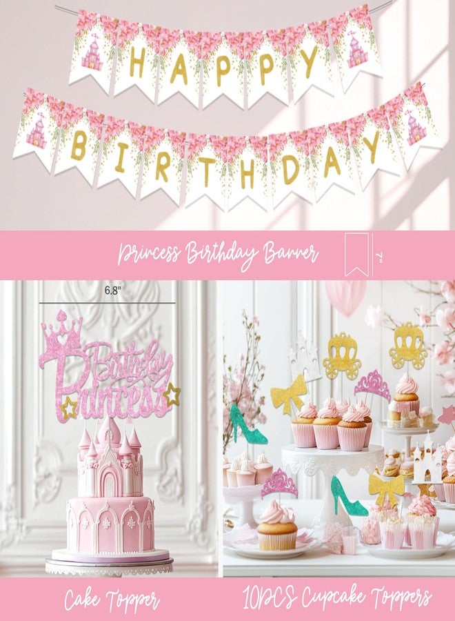 Fiesec Princess Birthday Party Decorations, Pink Princess Birthday Backdrop Balloon Garland Arch Banner Tablecloth Cake Cupcake Topper 3D Butterfly for Girls Pastel Floral Castle Party Supplies - Image 4
